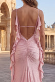 Vestido largo de baile de sirena con tirantes finos con cuentas rosas y volantes