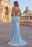 Vestido largo de baile de sirena con tirantes finos con cuentas rosas y volantes