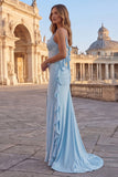 Vestido largo de baile de sirena con tirantes finos con cuentas rosas y volantes
