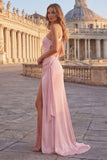 Vestido largo de graduación de sirena rosa de un hombro fruncido y abertura