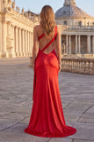Vestido largo de graduación de sirena rosa de un hombro fruncido y abertura