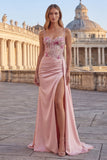 Corsé rosa con flor y fruncido, vestido largo de graduación con capa lateral