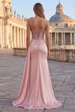 Corsé rosa con flor y fruncido, vestido largo de graduación con capa lateral