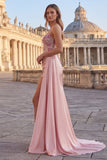 Corsé rosa con flor y fruncido, vestido largo de graduación con capa lateral