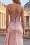 Corsé rosa con flor y fruncido, vestido largo de graduación con capa lateral