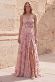 Blush Sequin A Line Tirante Vestido largo de graduación sin tirantes con abertura