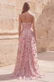 Blush Sequin A Line Tirante Vestido largo de graduación sin tirantes con abertura