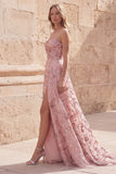 Blush Sequin A Line Tirante Vestido largo de graduación sin tirantes con abertura