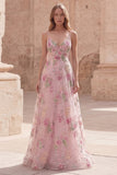 Vestido largo de graduación de la línea A de lentejuelas rosas con tirantes finos