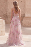Vestido largo de graduación de la línea A de lentejuelas rosas con tirantes finos