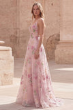 Vestido largo de graduación de la línea A de lentejuelas rosas con tirantes finos