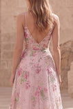 Vestido largo de graduación de la línea A de lentejuelas rosas con tirantes finos