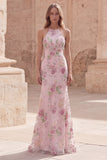 Vestido largo largo de baile de sirena floral de lentejuelas rosas brillantes