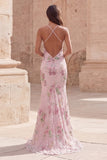 Vestido largo largo de baile de sirena floral de lentejuelas rosas brillantes