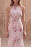 Vestido largo largo de baile de sirena floral de lentejuelas rosas brillantes