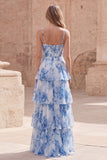 Flor blanca azul, Corsé largo de línea Vestido largo de graduación con volantes