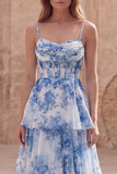 Flor blanca azul, Corsé largo de línea Vestido largo de graduación con volantes