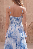 Flor blanca azul, Corsé largo de línea Vestido largo de graduación con volantes