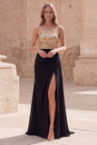 Vestido largo de baile de sirena de un solo hombro dorado y negro brillante con abertura