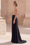 Vestido largo de baile de sirena de un solo hombro dorado y negro brillante con abertura