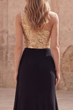 Vestido largo de baile de sirena de un solo hombro dorado y negro brillante con abertura