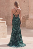 Vestido largo de baile de graduación de sirena con cuentas y lentejuelas verde oscuro y abertura