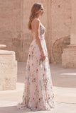 Vestido de graduación de fin de curso floral de marfil A Line Long sin tirantes con abertura
