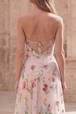 Vestido de graduación de fin de curso floral de marfil A Line Long sin tirantes con abertura