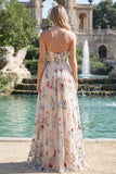 Vestido de graduación largo de tirantes finos de flor de marfil A Line, con abertura