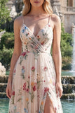 Vestido de graduación largo de tirantes finos de flor de marfil A Line, con abertura