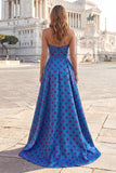 Vestido largo azul A, tirante y lazo, con lazos y abertura
