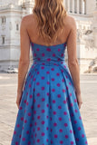 Vestido largo azul A, tirante y lazo, con lazos y abertura