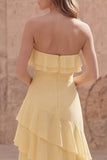 Vestido largo de invitado de boda amarillo sin tirantes Línea A con volantes