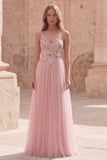 Vestido largo de graduación de fin de curso de finos rosa floral Línea A con tirantes finos