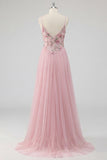 Vestido largo de graduación de fin de curso de finos rosa floral Línea A con tirantes finos