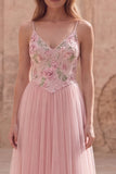 Vestido largo de graduación de fin de curso de finos rosa floral Línea A con tirantes finos