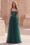 Vestido largo de graduación de fin de curso verde oscuro de tirantes finos con tirantes finos