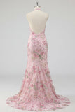 Vestido de baile largo sin respaldo sin espalda con cuello de fin de curso rosa sirena rosa brillante y con abertura