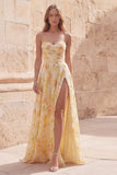 Vestido largo de graduación largo de la línea A sin tirantes amarillo floral con abertura
