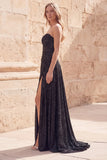 Vestido largo largo de graduación de Shortheart negro brillante, línea en A, cuentas fruncidas, con abertura