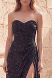Vestido largo largo de graduación de Shortheart negro brillante, línea en A, cuentas fruncidas, con abertura