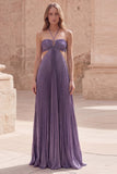 Vestido largo largo de graduación con filo en forma de A morado con halter, húmen, hueco y afuera