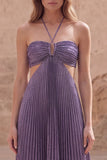 Vestido largo largo de graduación con filo en forma de A morado con halter, húmen, hueco y afuera