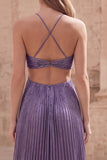 Vestido largo largo de graduación con filo en forma de A morado con halter, húmen, hueco y afuera