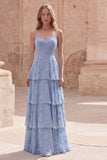 Vestido Maxi de encaje en capas con volantes azul polvoriento y tirantes en línea A con apliques
