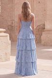 Vestido Maxi de encaje en capas con volantes azul polvoriento y tirantes en línea A con apliques