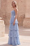 Vestido Maxi de encaje en capas con volantes azul polvoriento y tirantes en línea A con apliques