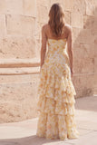Vestido largo largo de graduación con volantes con volantes de flor amarilla Sirena Flor Amarilla