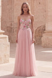 Vestido de graduación rosa brillante de tul con pliquados en forma de A, con abalorios