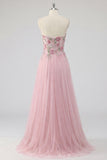 Vestido de graduación rosa brillante de tul con pliquados en forma de A, con abalorios